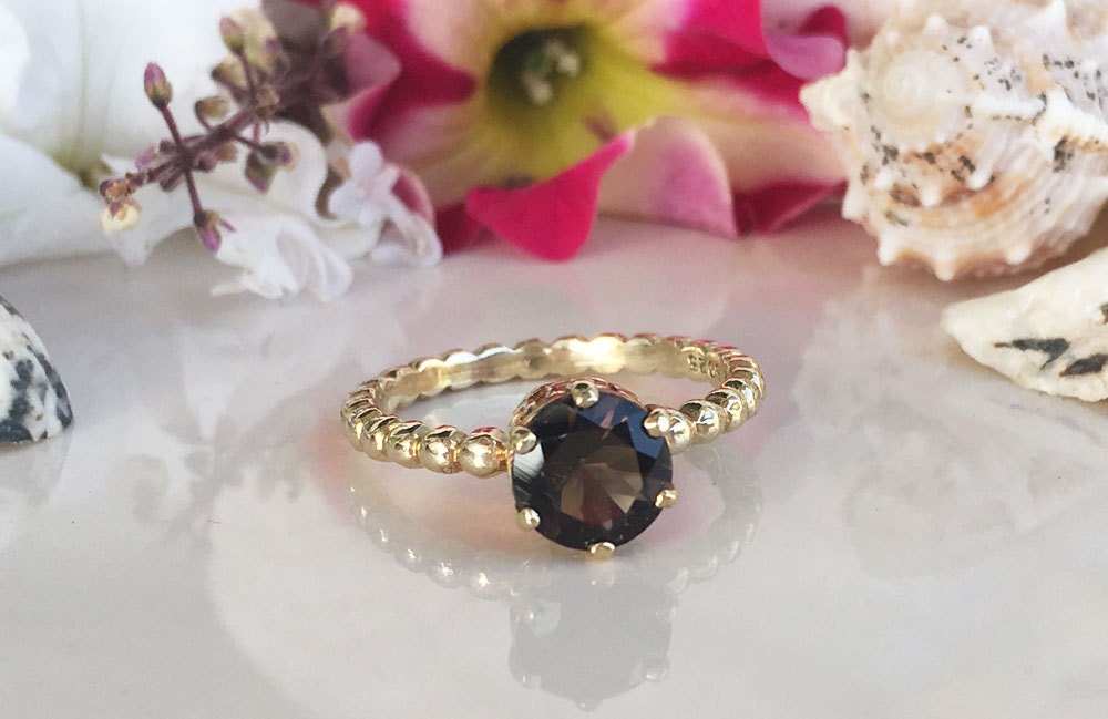 Round Smoky Quartz Vintage Beaded Band Ring - H.L.Jewelry