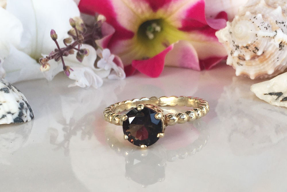 Round Smoky Quartz Vintage Beaded Band Ring - H.L.Jewelry