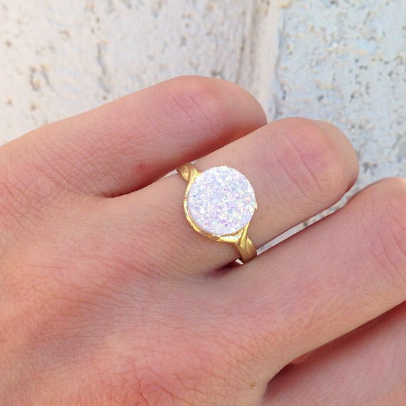 Round White Druzy Gemstone Statement Ring - H.L.Jewelry