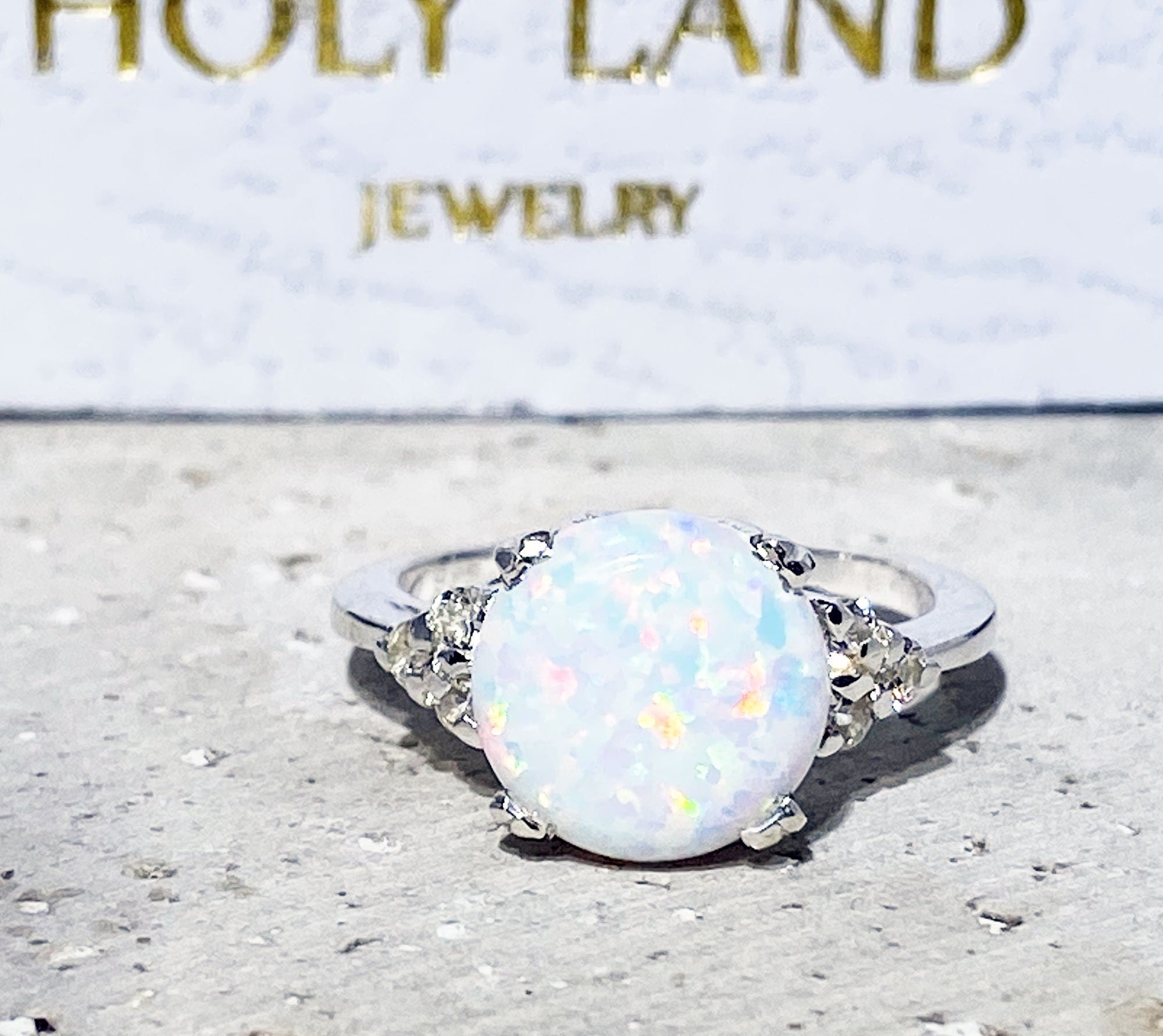 Round White Opal Engagement Ring with Clear Quartz Accents - H.L.Jewelry