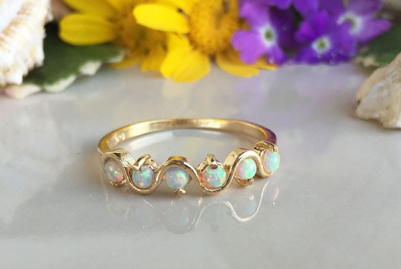 Round White Opal Five Stone Simple Stackable Ring - H.L.Jewelry