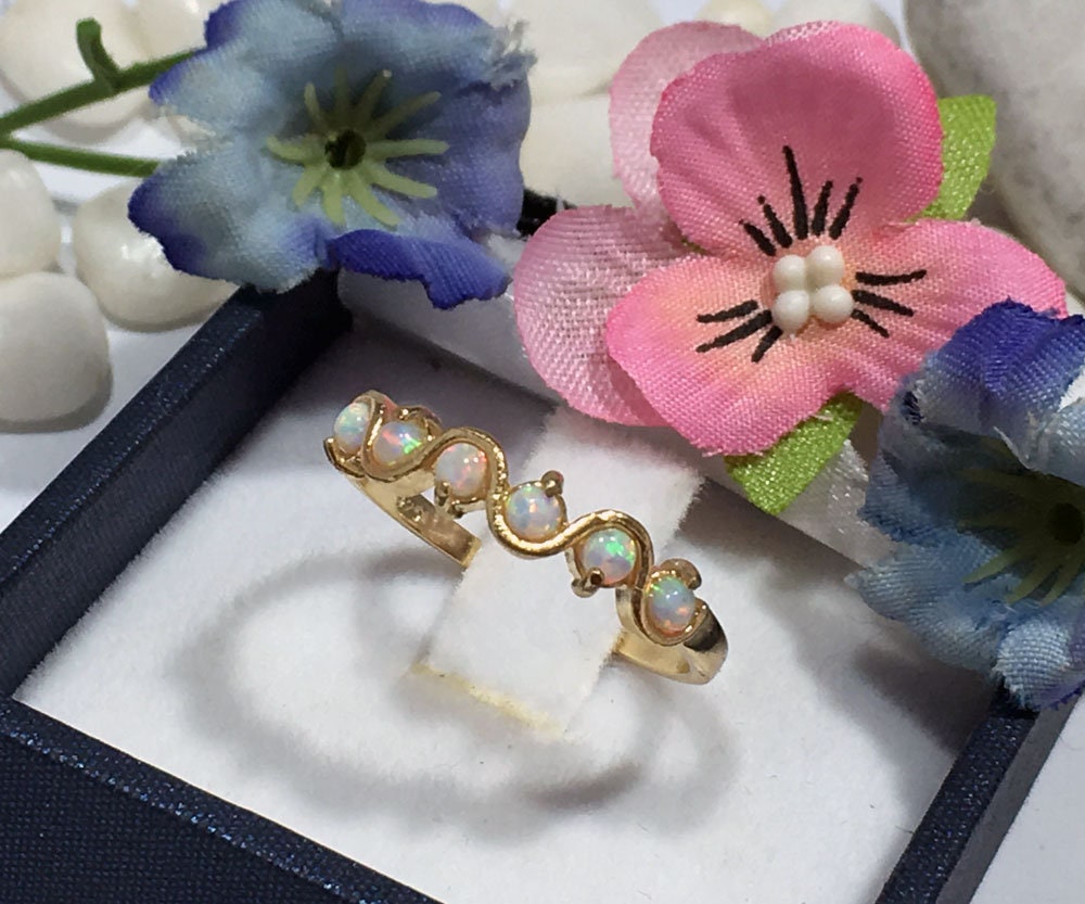 Round White Opal Five Stone Simple Stackable Ring - H.L.Jewelry