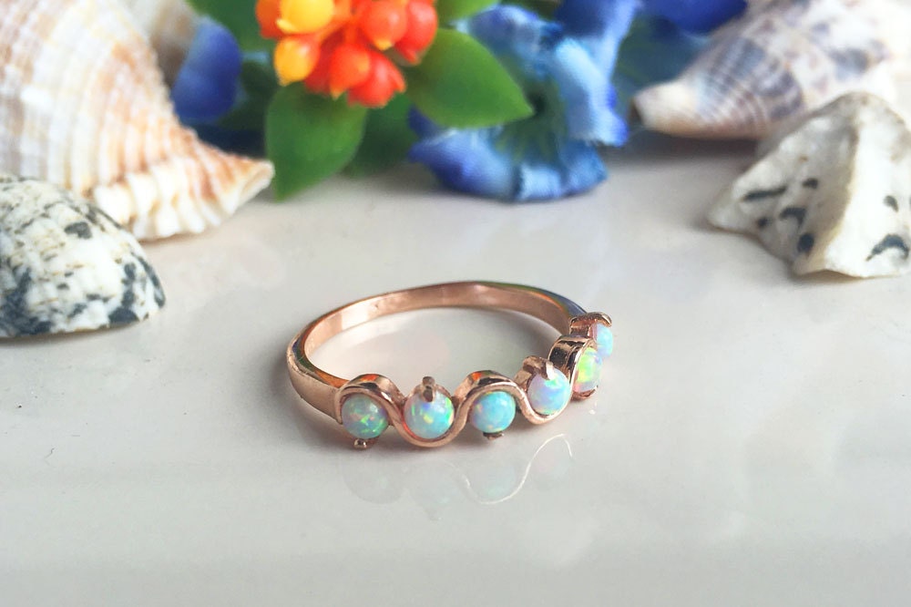 Round White Opal Five Stone Simple Stackable Ring - H.L.Jewelry