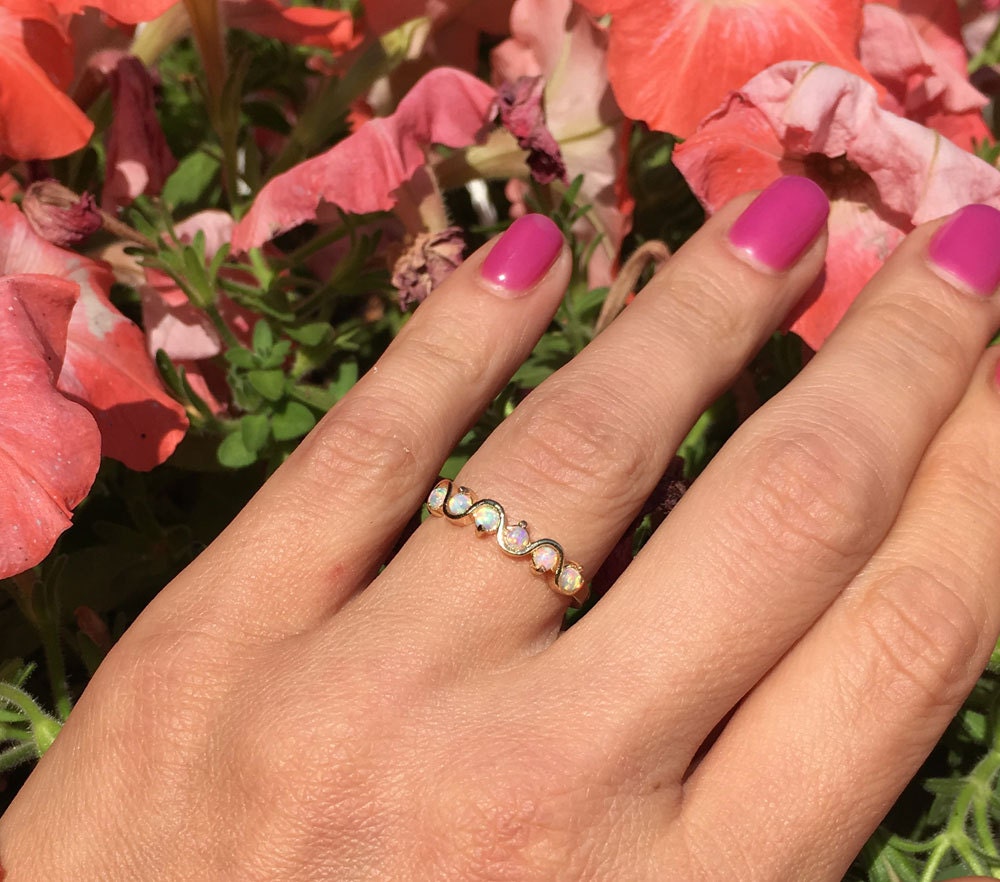 Round White Opal Five Stone Simple Stackable Ring - H.L.Jewelry