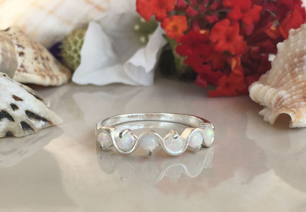 Round White Opal Five Stone Simple Stackable Ring - H.L.Jewelry