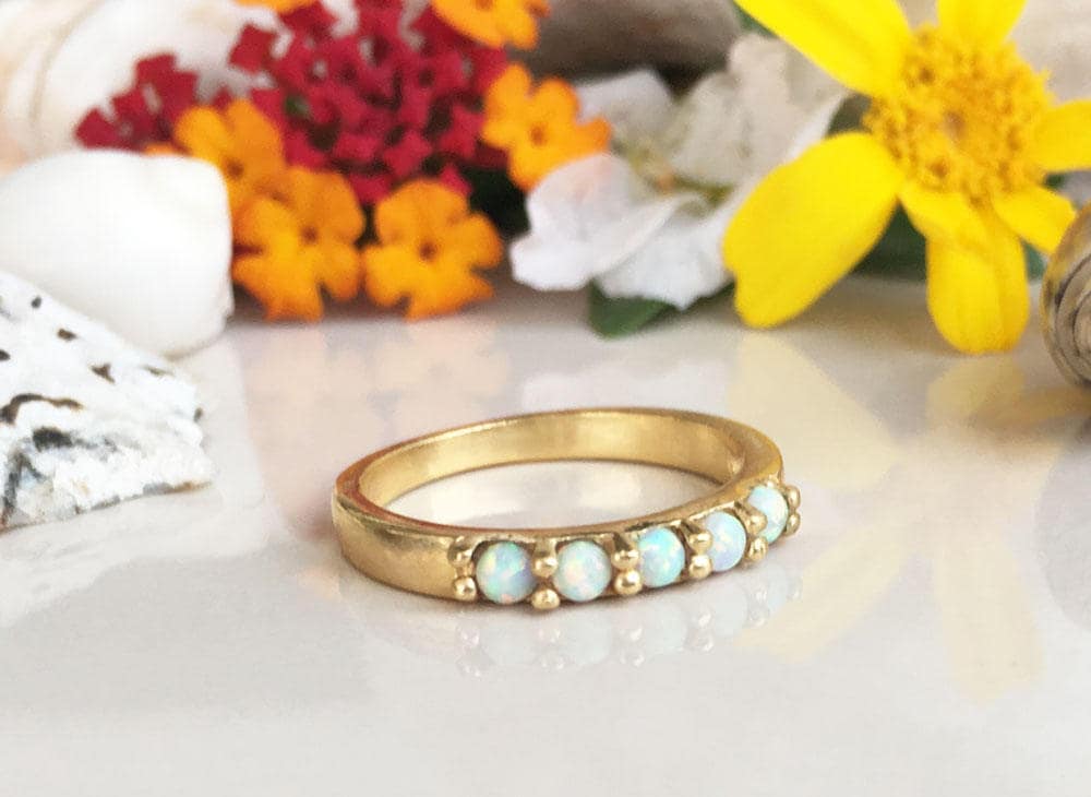 Round White Opal Five Stone Simple Stacking Ring - H.L.Jewelry