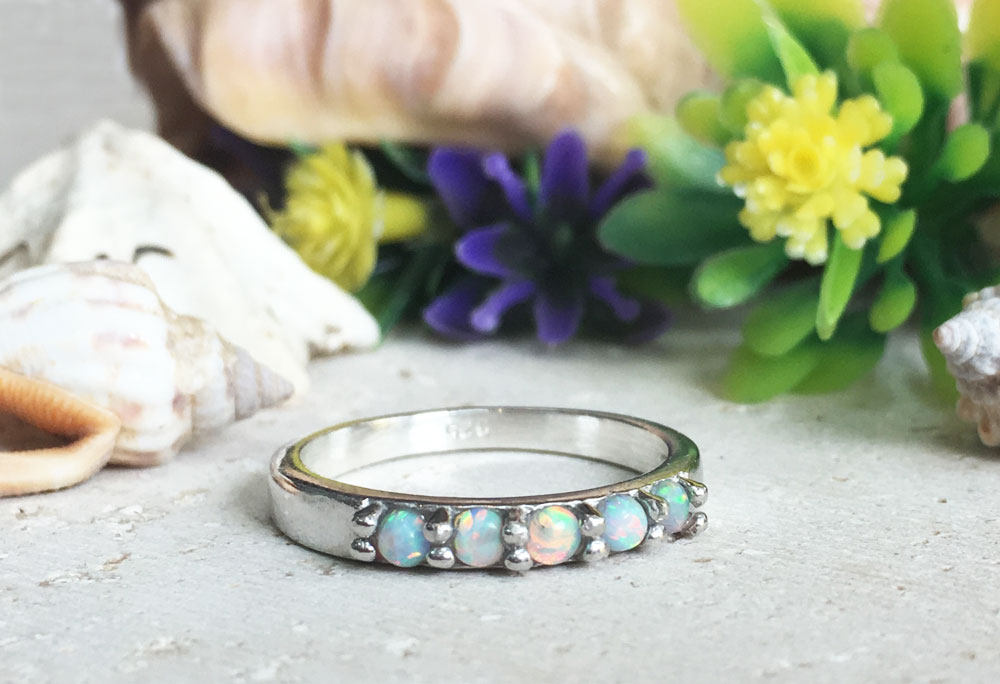 Round White Opal Five Stone Simple Stacking Ring - H.L.Jewelry