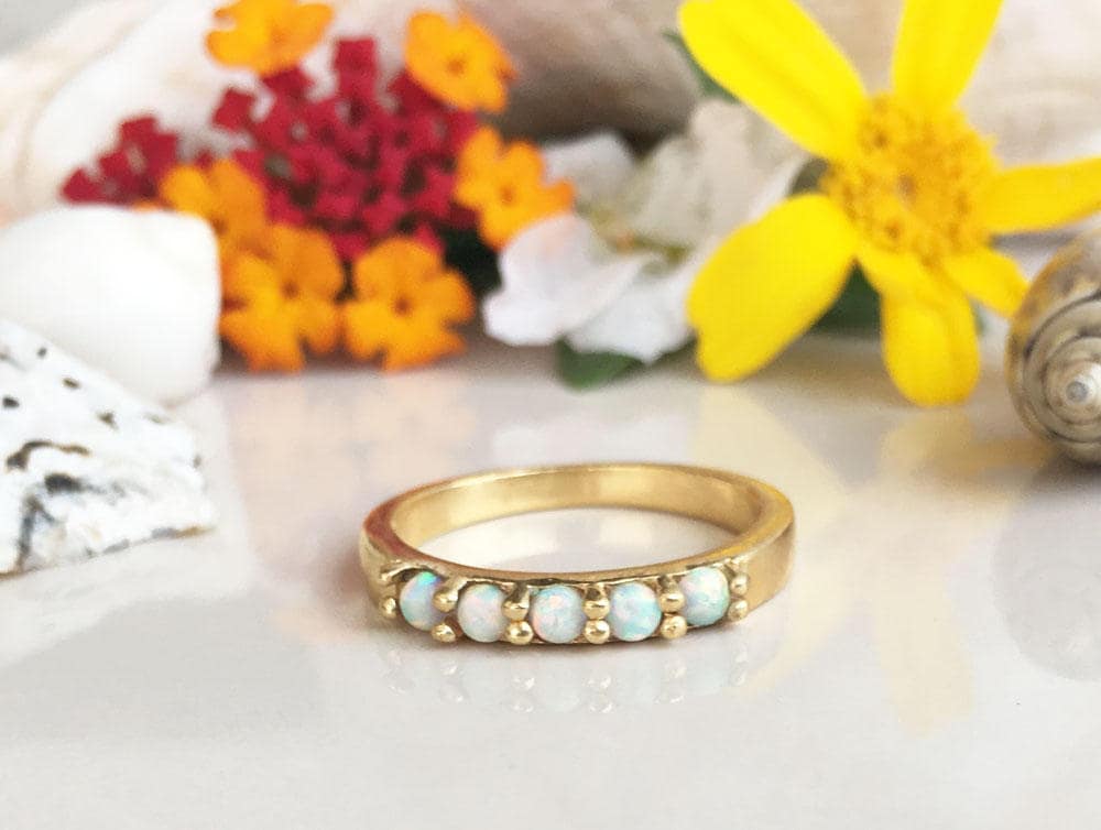 Round White Opal Five Stone Simple Stacking Ring - H.L.Jewelry