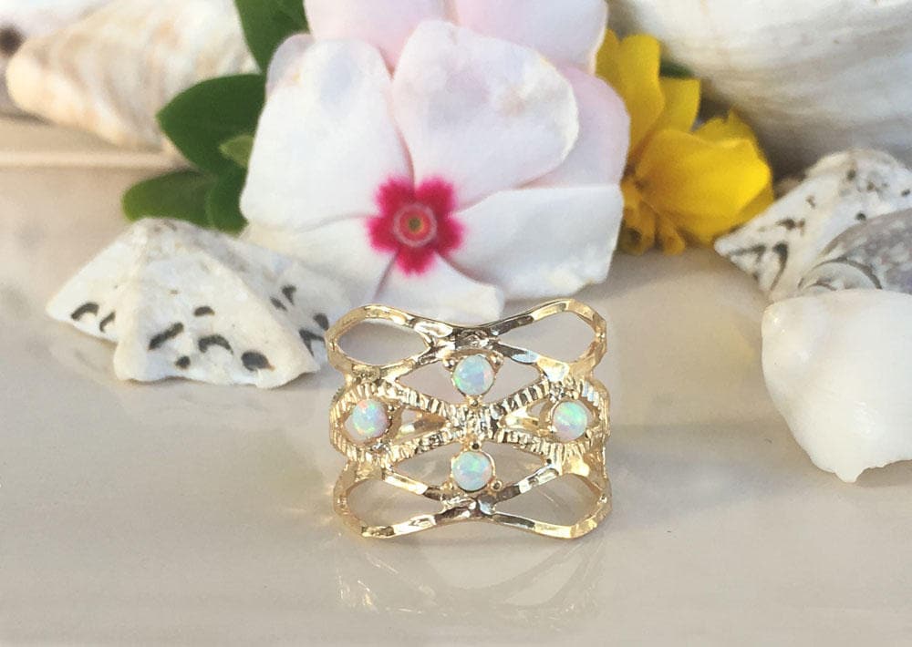 Round White Opal Four Stone Hammered Band Ring - H.L.Jewelry