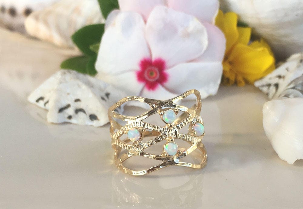 Round White Opal Four Stone Hammered Band Ring - H.L.Jewelry