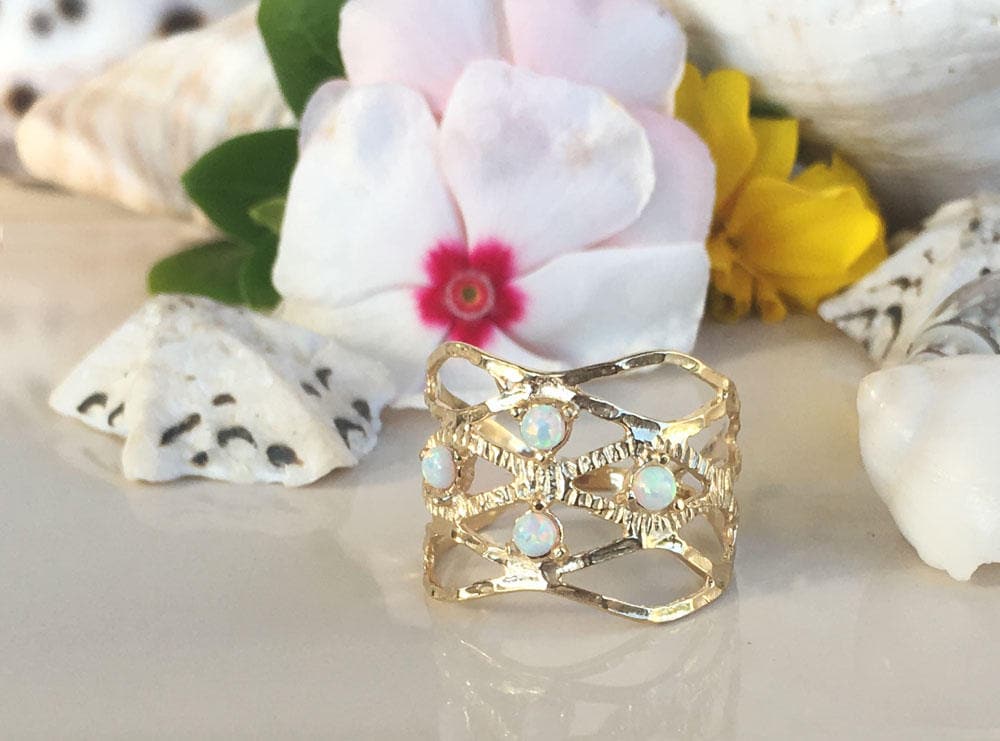 Round White Opal Four Stone Hammered Band Ring - H.L.Jewelry