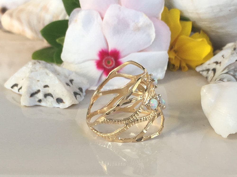 Round White Opal Four Stone Hammered Band Ring - H.L.Jewelry