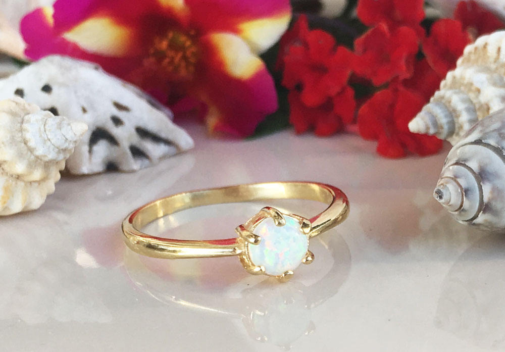 Round White Opal Gemstone Simple Delicate Ring - H.L.Jewelry