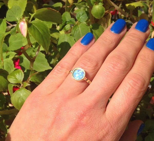 Round White Opal Simple Hammered Band Ring - H.L.Jewelry
