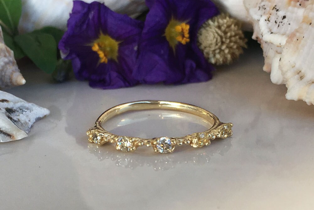 Round Yellow Citrine Five Stone Simple Stacking Ring - H.L.Jewelry