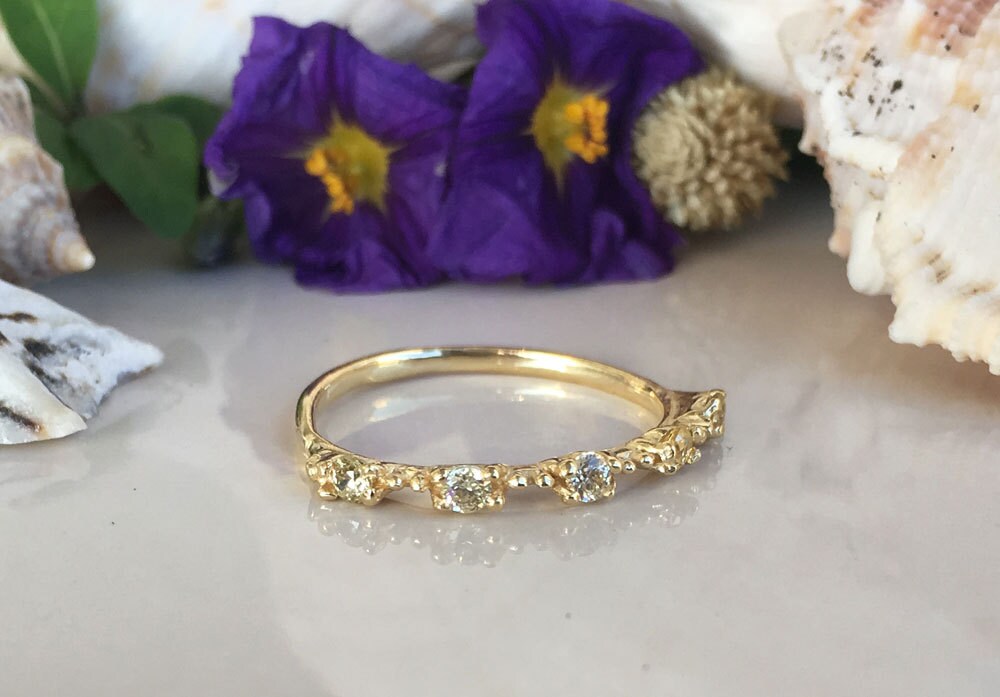 Round Yellow Citrine Five Stone Simple Stacking Ring - H.L.Jewelry