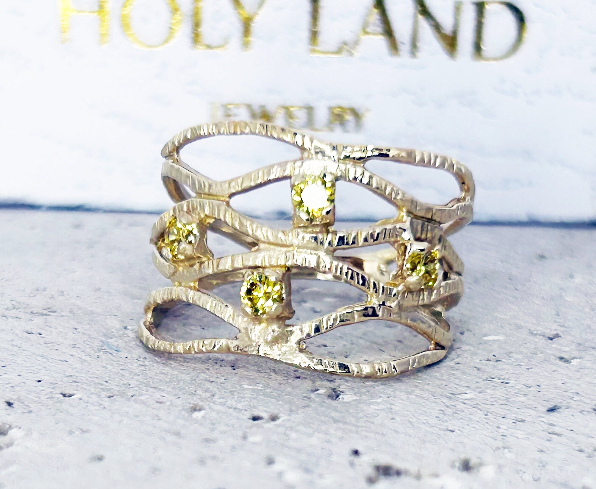 Round Yellow Citrine Four Stone Wide Hammered Band Ring - H.L.Jewelry