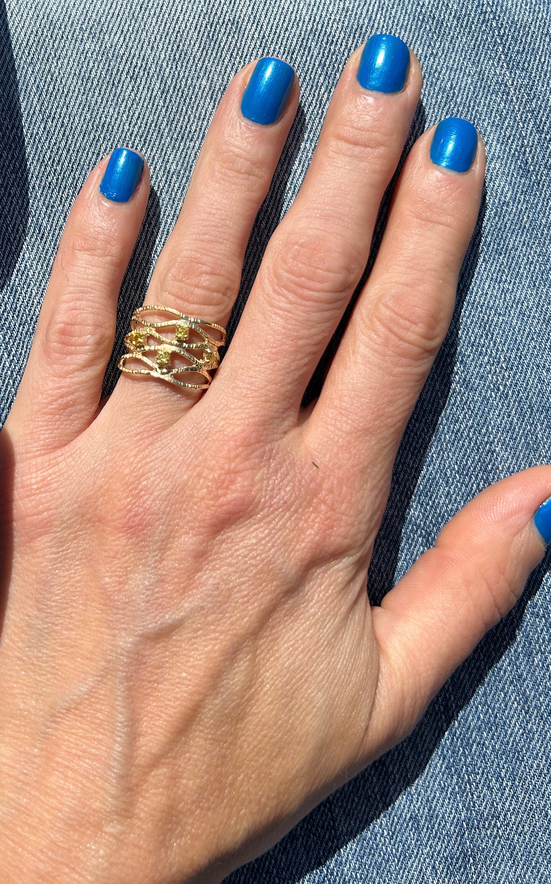 Round Yellow Citrine Four Stone Wide Hammered Band Ring - H.L.Jewelry
