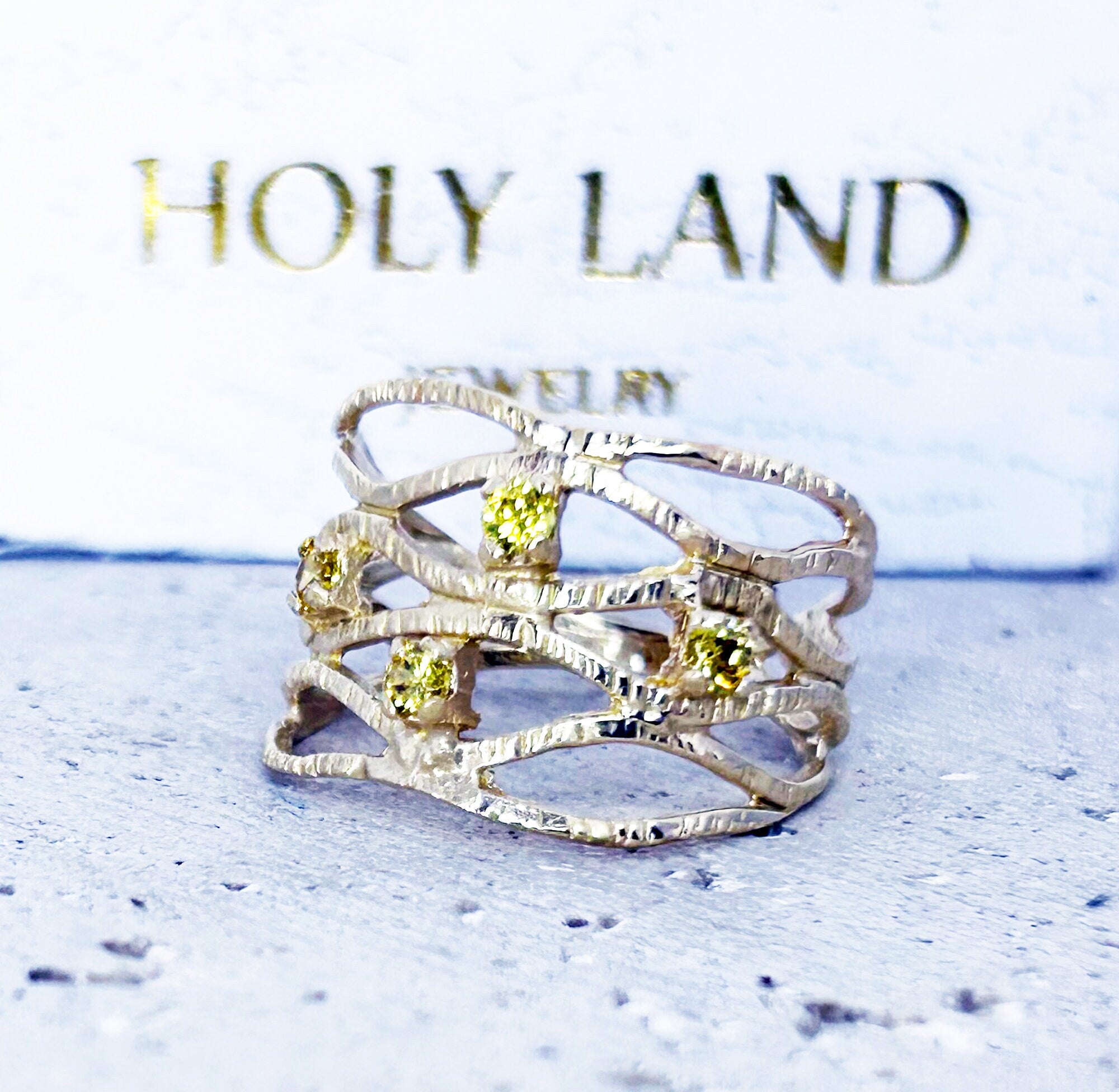 Round Yellow Citrine Four Stone Wide Hammered Band Ring - H.L.Jewelry