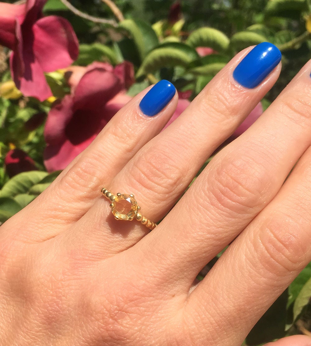 Round Yellow Citrine Vintage Beaded Band Ring - H.L.Jewelry