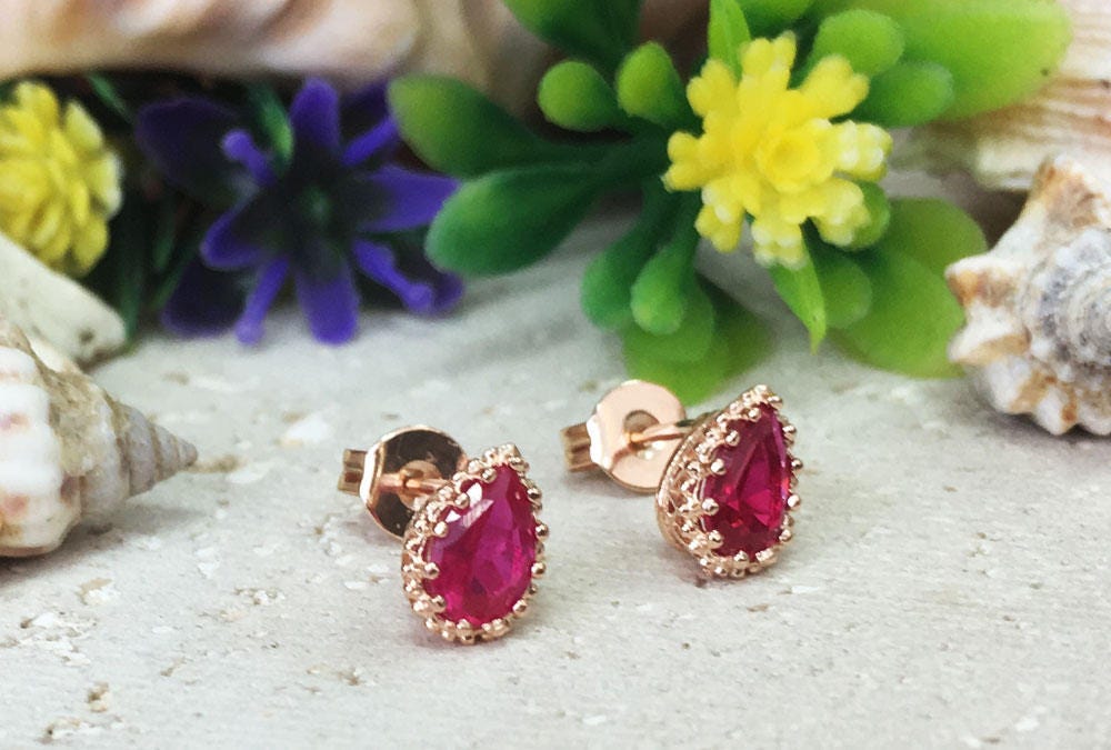 Ruby Earrings - July Birthstone Jewelry - Small Stud Earrings with Pear-Shape Ruby Gemstones - H.L.Jewelry