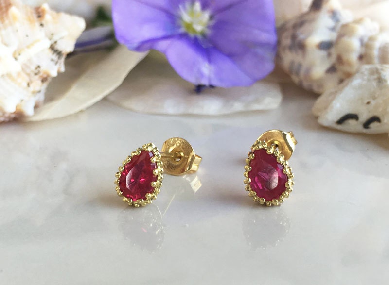 Ruby Earrings - July Birthstone Jewelry - Small Stud Earrings with Pear-Shape Ruby Gemstones - H.L.Jewelry