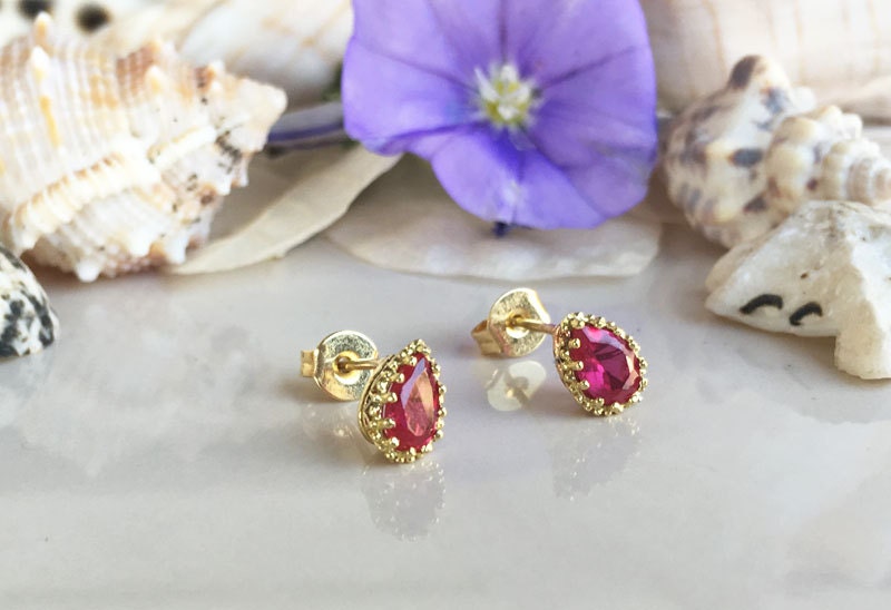 Ruby Earrings - July Birthstone Jewelry - Small Stud Earrings with Pear-Shape Ruby Gemstones - H.L.Jewelry