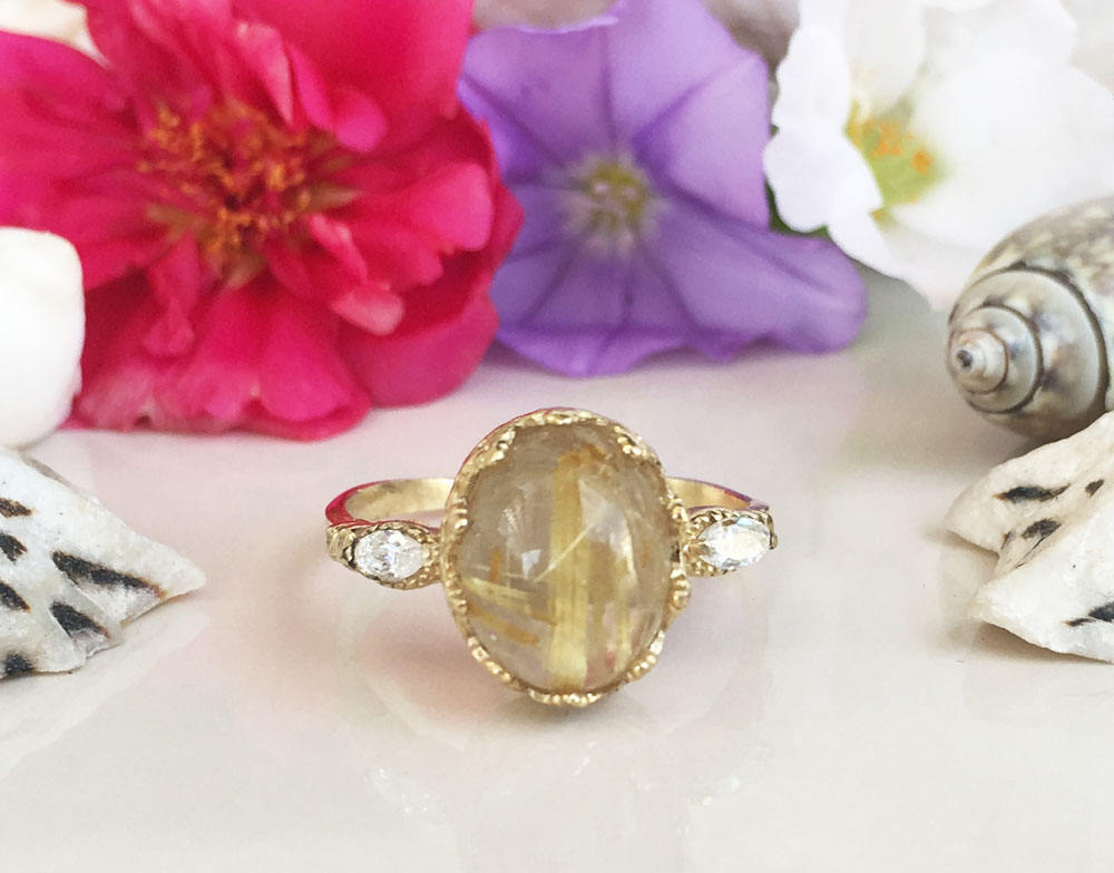 Rutilated Quartz Vintage Oval Crown Ring with Clear Quartz Accents - H.L.Jewelry