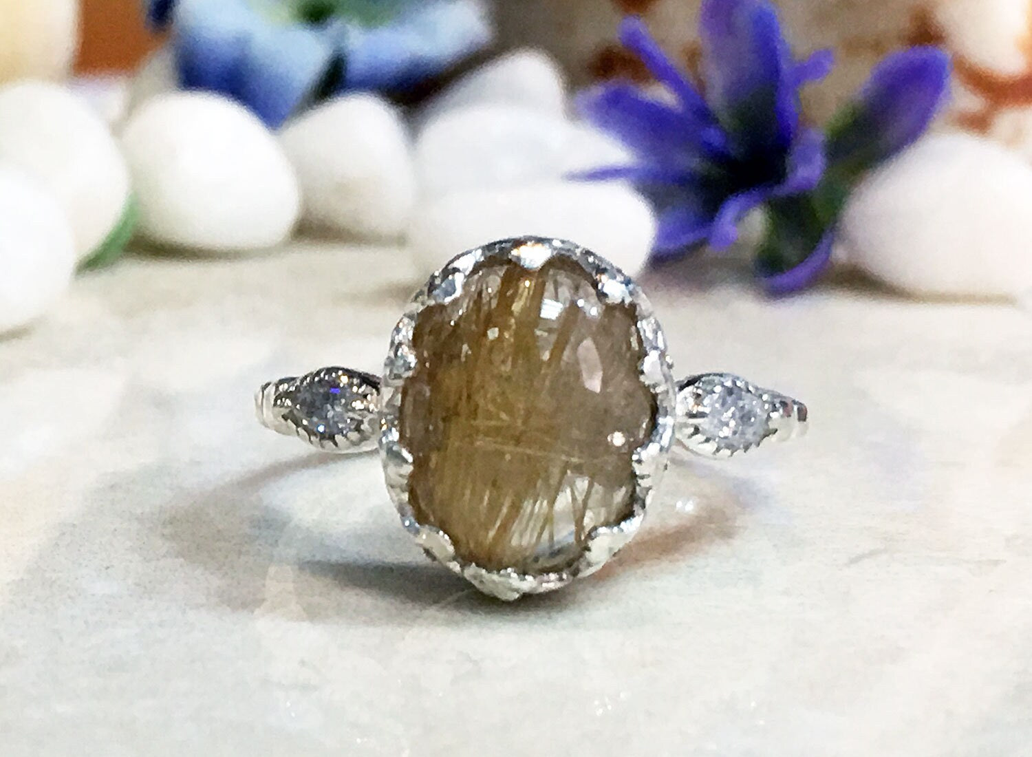 Rutilated Quartz Vintage Oval Crown Ring with Clear Quartz Accents - H.L.Jewelry