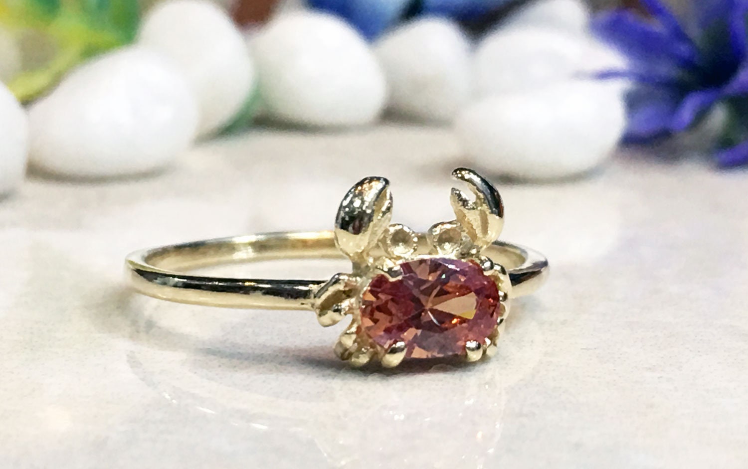Simple Cute Crab Ring Band with Any Birthstone of Your Choice - H.L.Jewelry
