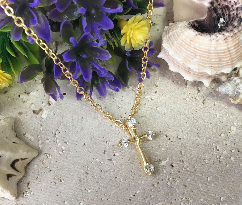 Small Cross Delicate Chain Necklace with Clear Quartz Accents - H.L.Jewelry