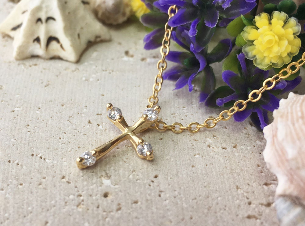 Small Cross Delicate Chain Necklace with Clear Quartz Accents - H.L.Jewelry