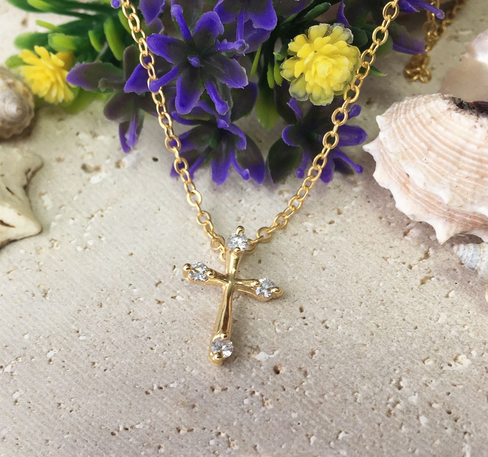 Small Cross Delicate Chain Necklace with Clear Quartz Accents - H.L.Jewelry