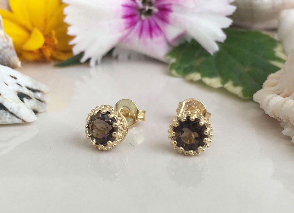 Smoky Quartz Earrings - Smoky Quartz Gemstone Small Round Stud Earrings - H.L.Jewelry