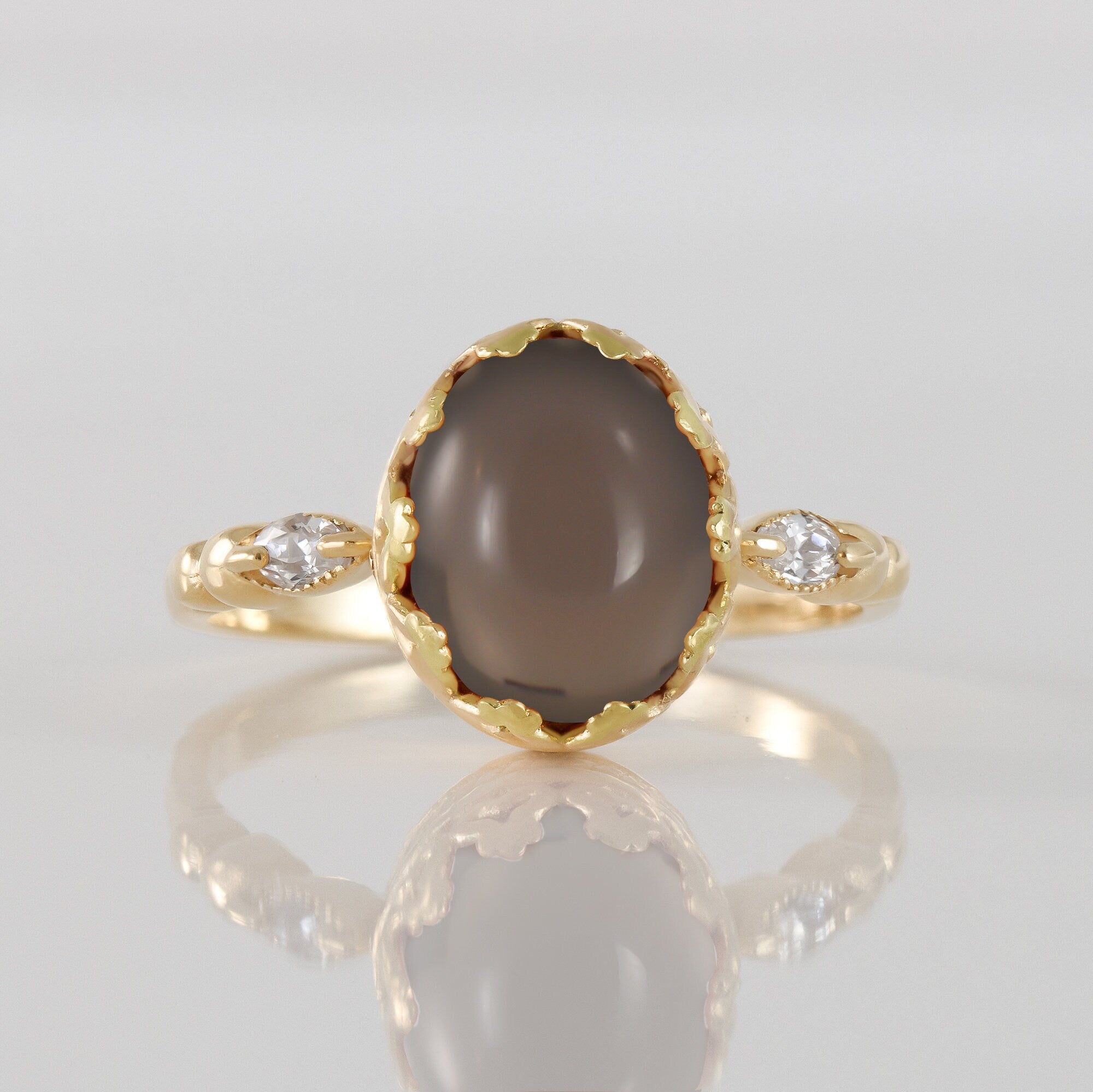 Smoky Quartz Vintage Oval Crown Ring with Clear Quartz Accents - H.L.Jewelry