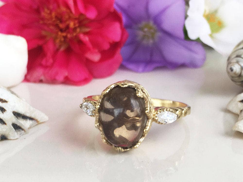 Smoky Quartz Vintage Oval Crown Ring with Clear Quartz Accents - H.L.Jewelry
