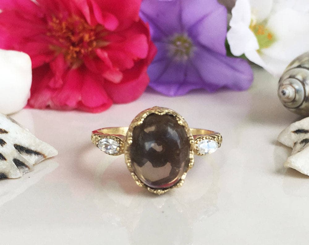 Smoky Quartz Vintage Oval Crown Ring with Clear Quartz Accents - H.L.Jewelry