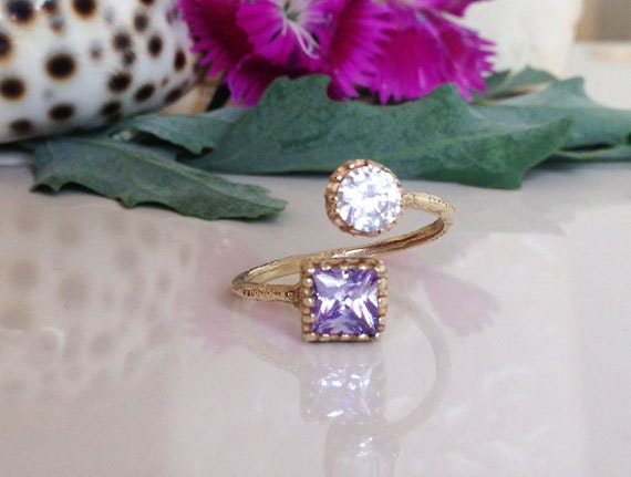 Square Alexandrite & Round Clear Quartz Hammered Band Adjustable Ring - H.L.Jewelry
