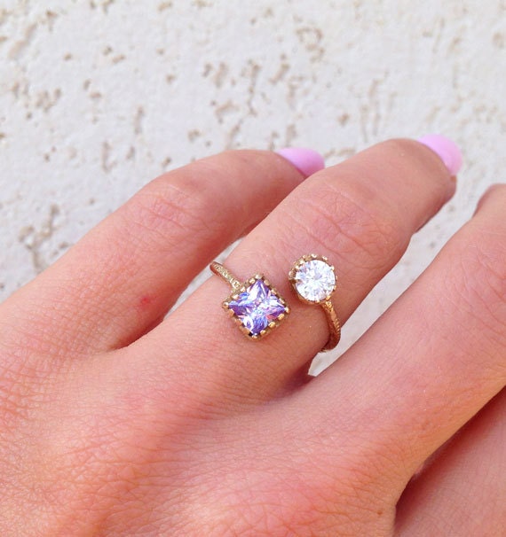 Square Alexandrite & Round Clear Quartz Hammered Band Adjustable Ring - H.L.Jewelry