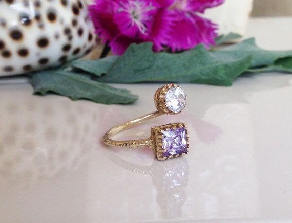 Square Alexandrite & Round Clear Quartz Hammered Band Adjustable Ring - H.L.Jewelry