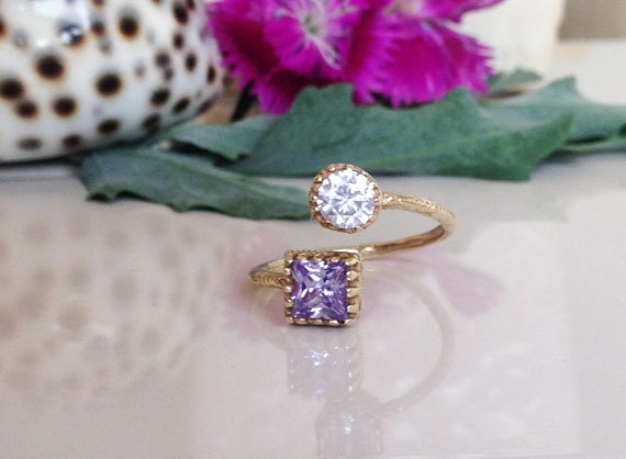Square Alexandrite & Round Clear Quartz Hammered Band Adjustable Ring - H.L.Jewelry