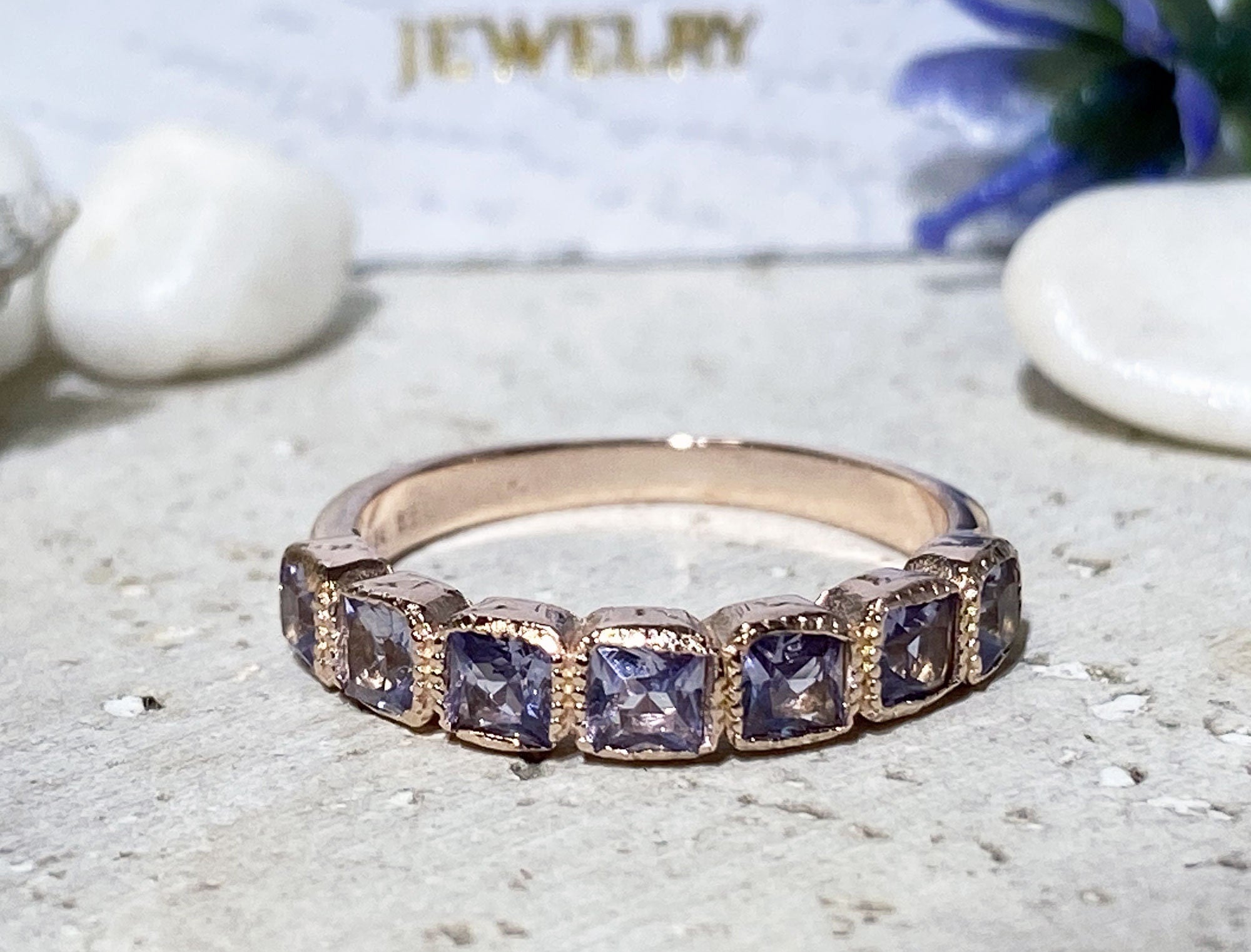 Square Alexandrite Seven Stone Half Eternity Stacking Simple Ring - H.L.Jewelry