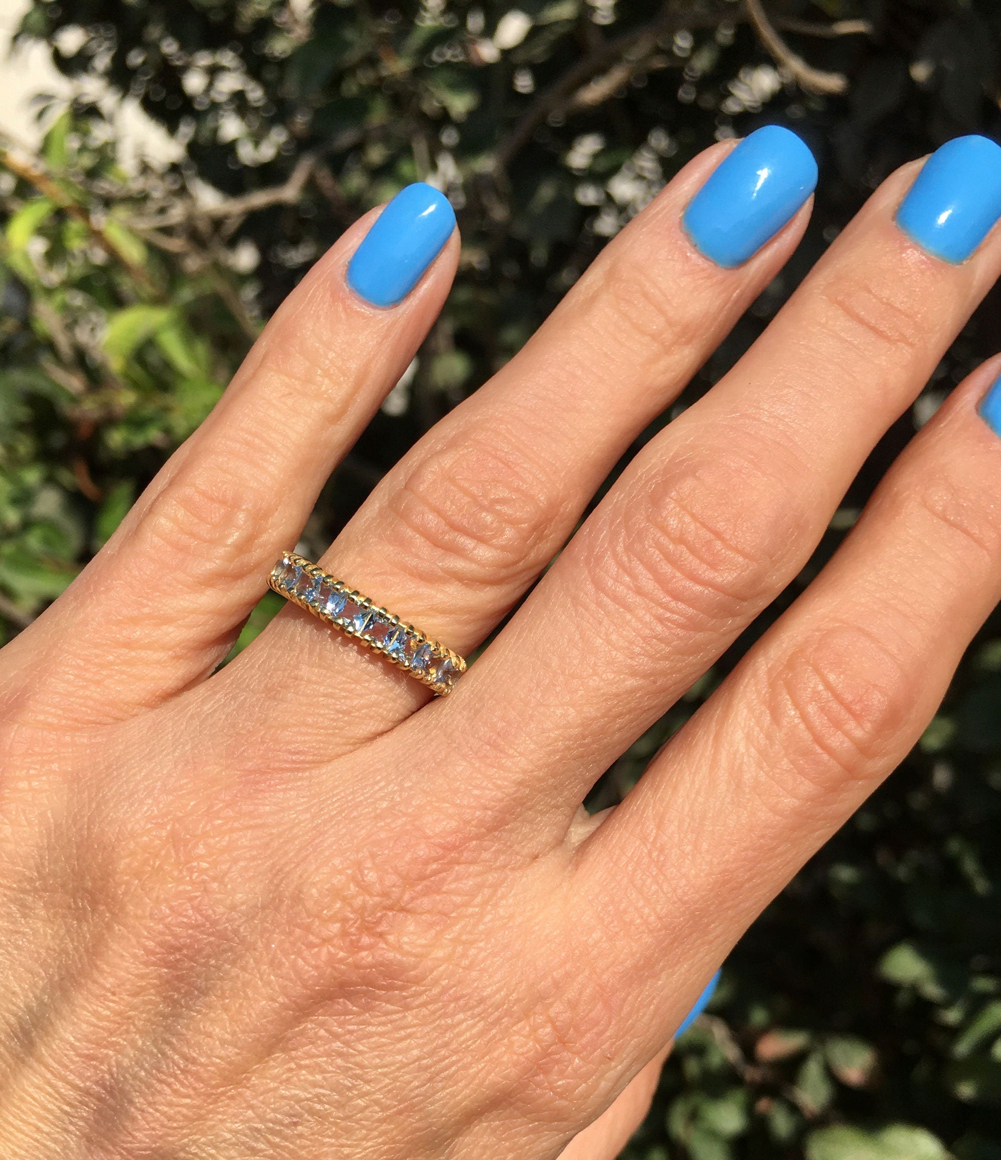 Square Aquamarine Nine Stone Stacking Half Eternity Ring - H.L.Jewelry