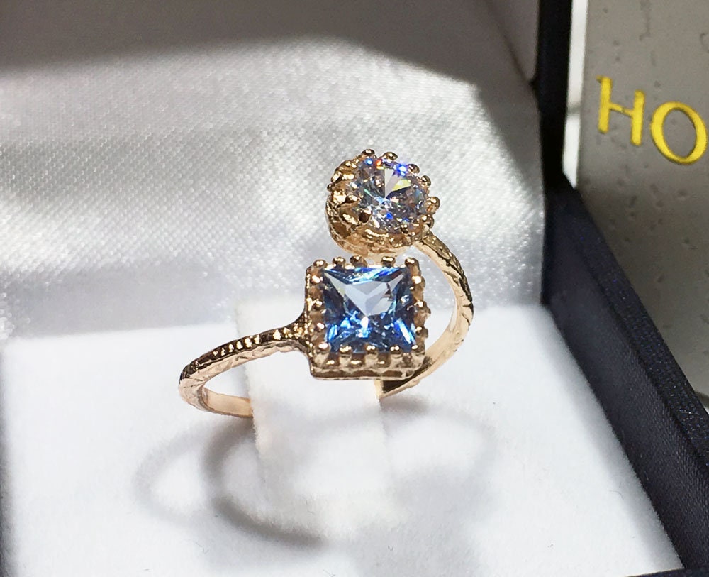 Square Aquamarine & Round Clear Quartz Hammered Band Adjustable Ring - H.L.Jewelry