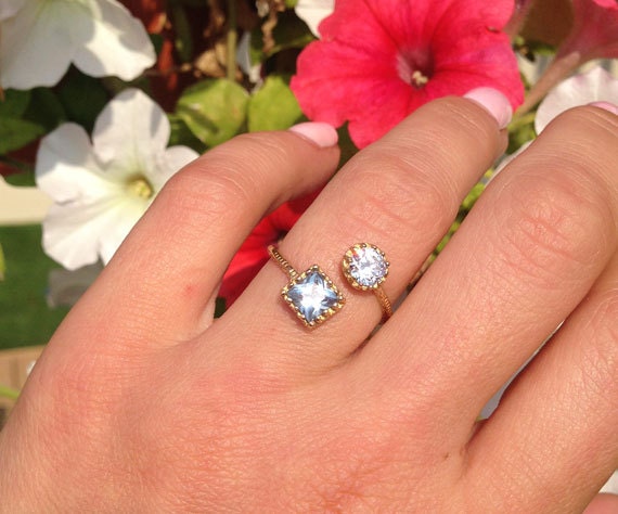 Square Aquamarine & Round Clear Quartz Hammered Band Adjustable Ring - H.L.Jewelry