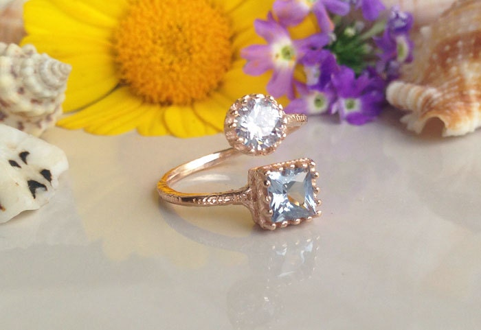 Square Aquamarine & Round Clear Quartz Hammered Band Adjustable Ring - H.L.Jewelry