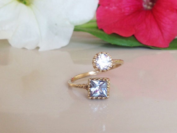 Square Aquamarine & Round Clear Quartz Hammered Band Adjustable Ring - H.L.Jewelry