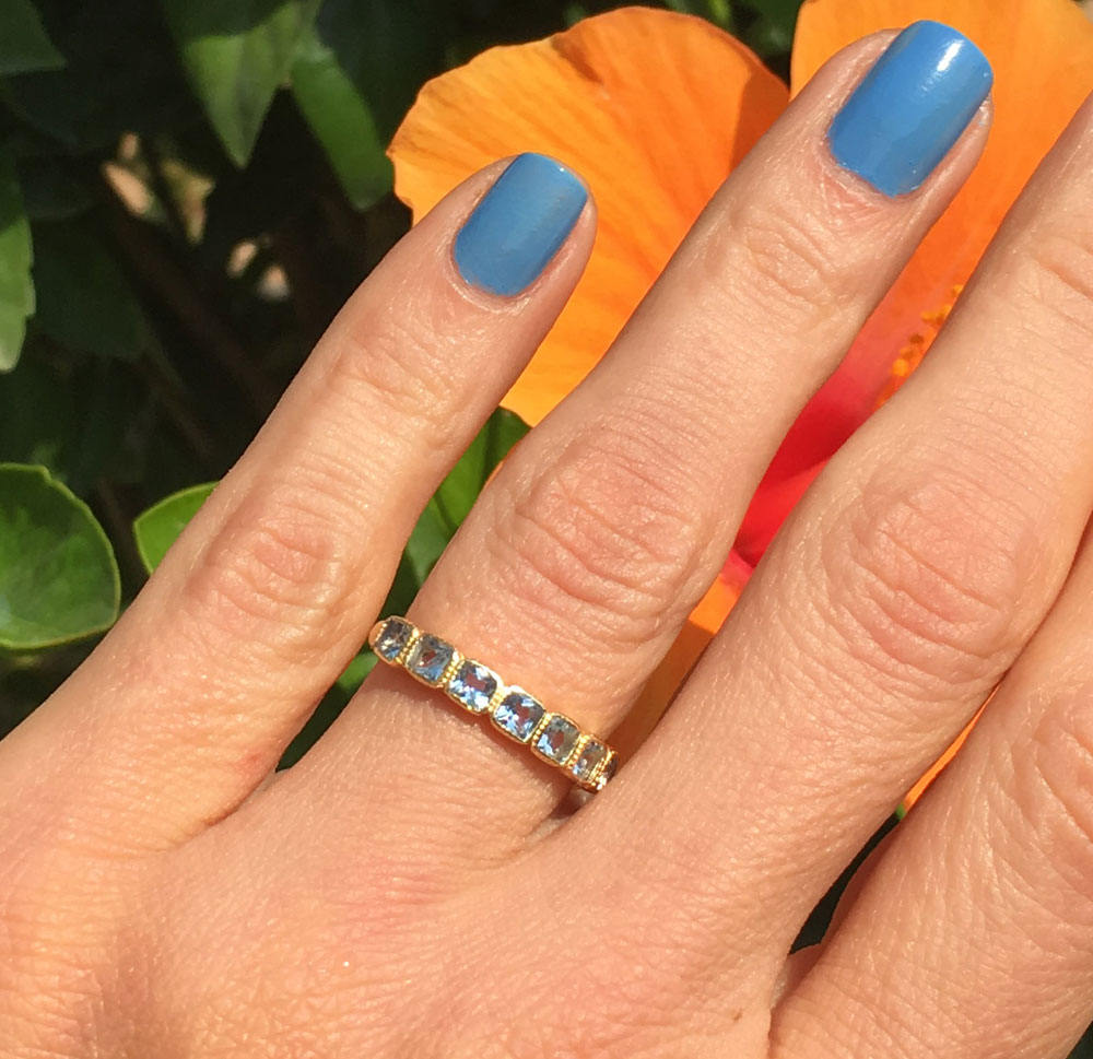 Square Aquamarine Seven Stone Stackable Simple Ring - H.L.Jewelry