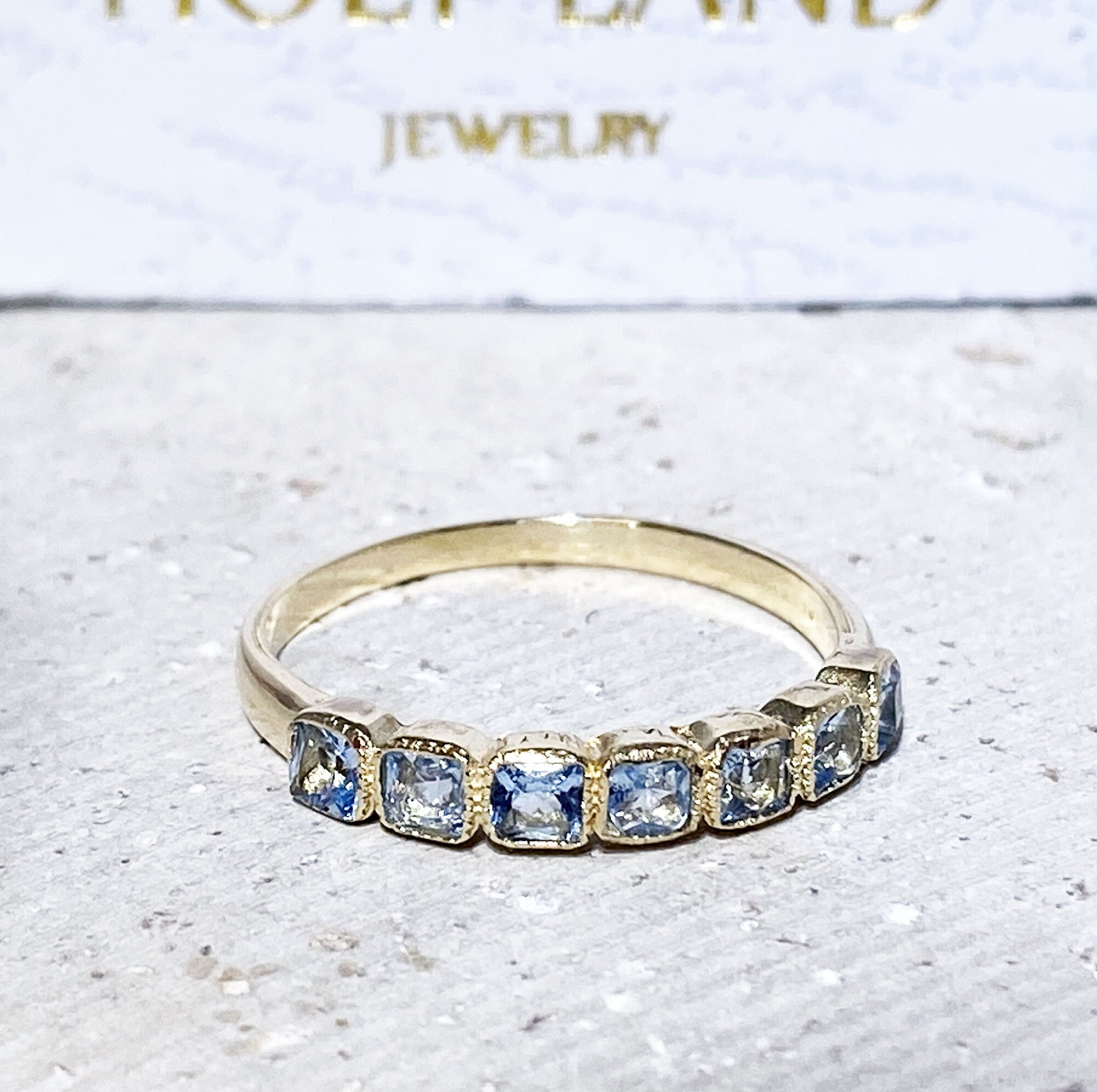 Square Aquamarine Seven Stone Stackable Simple Ring - H.L.Jewelry