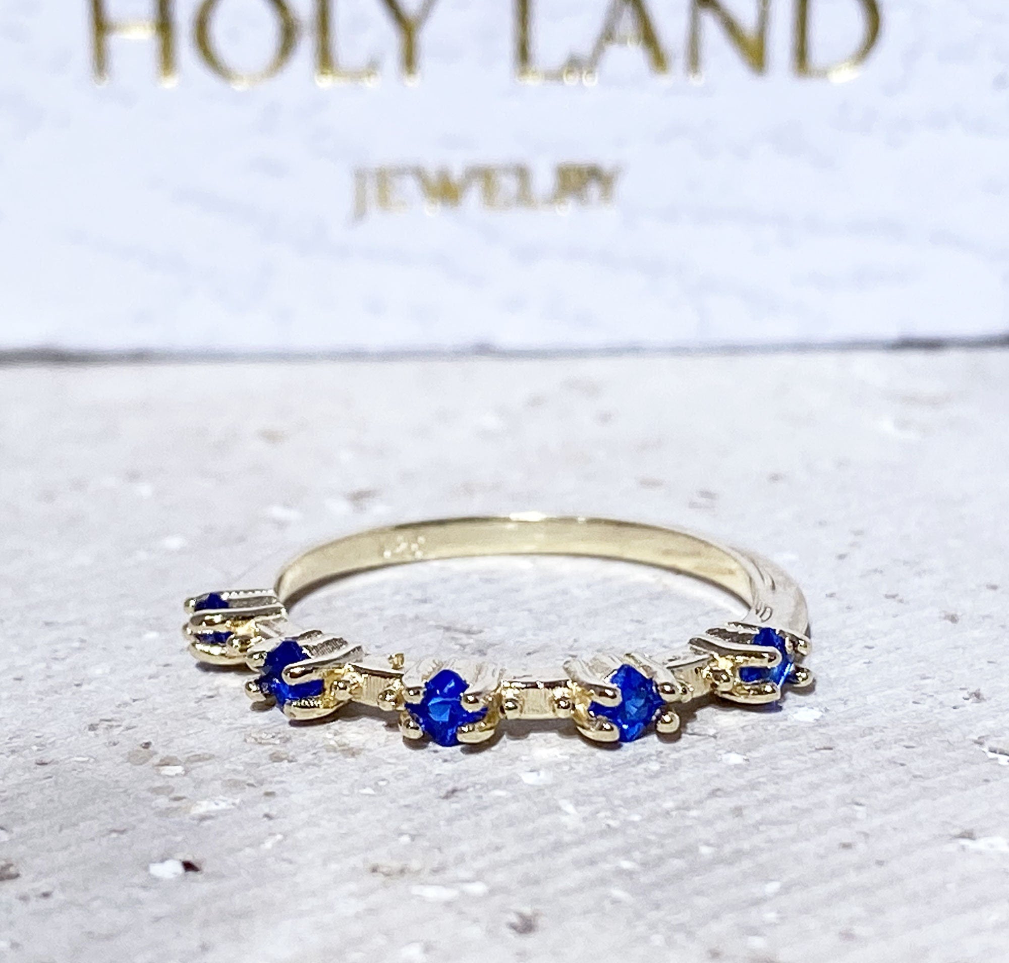 Square Blue Sapphire Five Stone Simple Stacking Ring - H.L.Jewelry